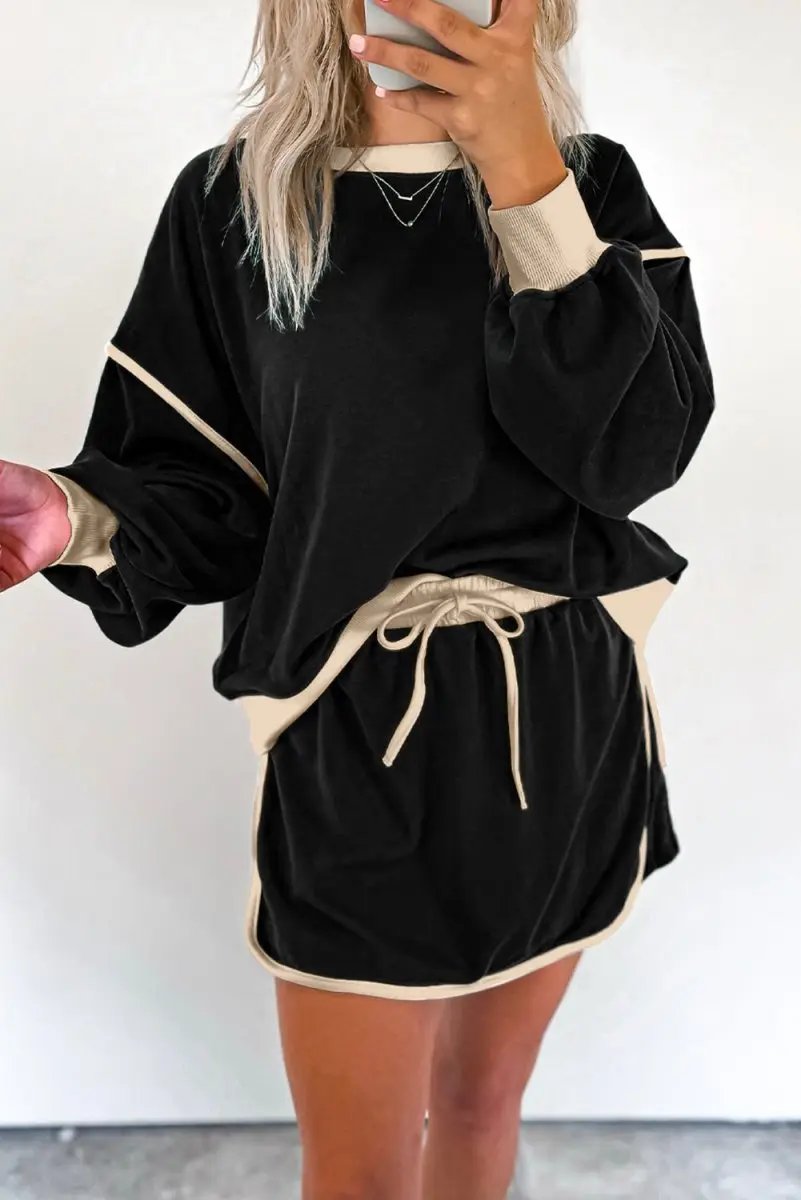 Black Color Contrast Loose Pullover and Lace-up Waist Skort Set - Love Salve
